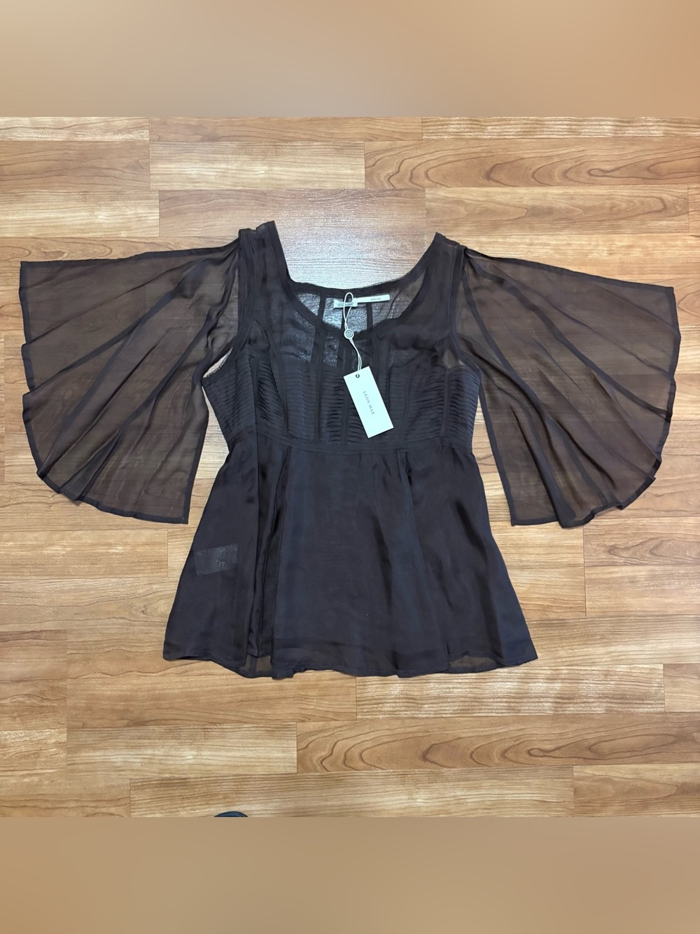 Leon Max Women's 100% Silk Blouse Brown Flutter Bell Sleeve Whimsigoth Fairy M‎